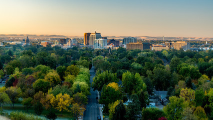 First light on the little city of Boise Idaho with Fall tees at sunrise © knowlesgallery