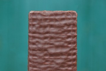 one big brown chocolate candy on a green background