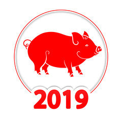 Pig is the symbol of 2019 Chinese New Year. Chinese horoscope, zodiac sign. Paper cut art. Silhouette of a red pig on a white background.Vector illustration. 