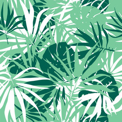 Seamless texture with tropical plants. Background with palm tree leaf and monstera leaves. Vector pattern.