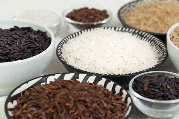 rice, different varieties of raw rice.