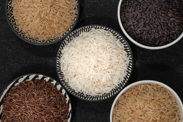 rice, different varieties of raw rice.