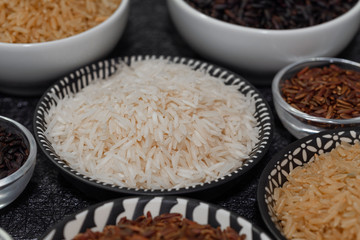 rice, different varieties of raw rice.