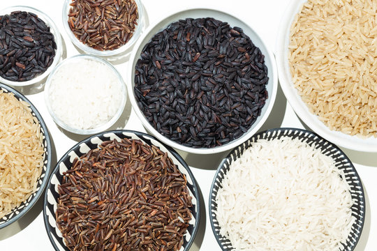 rice, different varieties of raw rice.