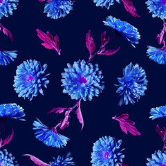 Fototapeta na wymiar Floral seamless pattern. Chrysantemums on blue background