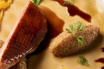 Duck fillet, Quinoa and sweet chili sauce with orange fennel