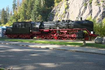 Fototapeta premium Triberg,Germany-October 12, 2018: A Steam Locomotive reserved at Triberg Railway station of the Black Forest Railway in the morning 