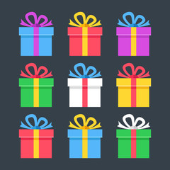 Gift boxes flat icons. Giftbox, present, package concepts. Modern flat design. Vector icons set