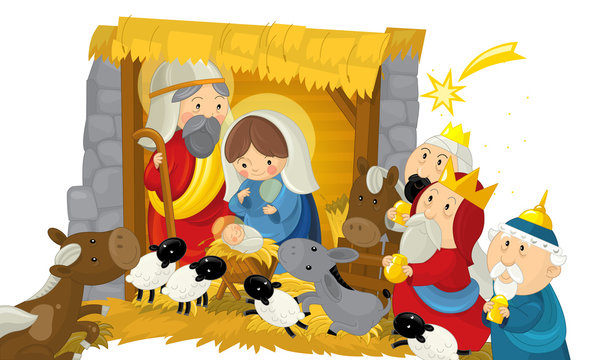 religious illustration holy family three kings and shooting star - traditional scene - illustration for children