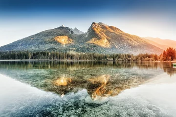 Fototapeten Hintersee Lake - Picturesque scenery of Great Alpine nature in Germany, Bavaria, Europe.  Scenic Autumn Landscape. Rotpalfen and Hochkalter mountain peaks in backdrop,  Berchtesgaden National Park. © Feel good studio