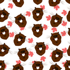 Seamless pattern with the image of the head of a beaver on the background of maple leaves