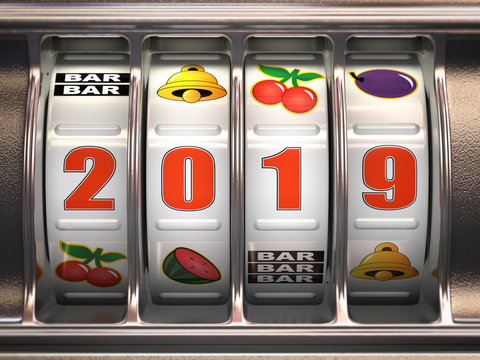 Happy New Year 2019 in casino. Slot machine with jackpot number 2019.