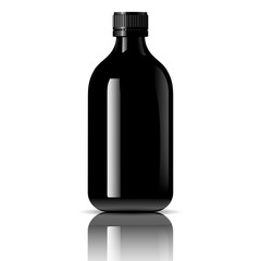 Pharmacy bottle for medical products, vape e liquid, oil, serum and essence. Black glass cosmetic bottle mockup. High quality eps10 vector illustration.