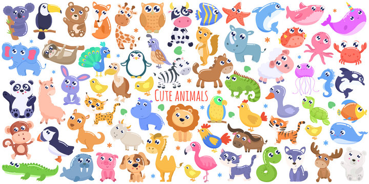 Cute cartoon animals set. flat design