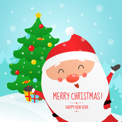 Christmas and Happy New Year vector illustration. Cute Santa Claus and Christmas tree.