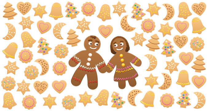 Christmas cookies and gingerbread man and woman in love. Illustration on white background.