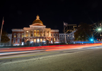 Fototapeta na wymiar Car Trail Lights in front of the Massachusetts State House