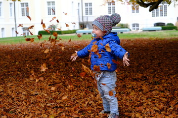 Kleiner Junge wirft fröhlich Herbstlaub hoch