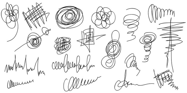Big set of hand drawn scribble shapes.  Collection of abstract objects in duddles style. Continuous line.Vector.Isolated on white background.