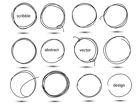 Set of hand drawn scribble circles. Collection of abstract round frames in doddles style. Round design element. Continuous line. Vector. Isolated on white background.