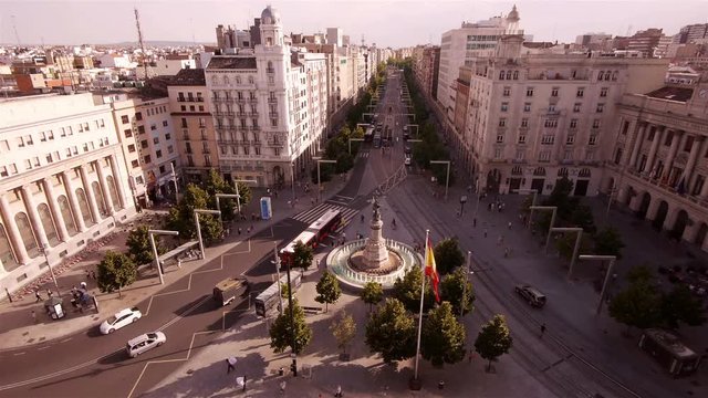 City center Zaragoza with trams seen from above. Aragon, Spain &ndash; wide shot