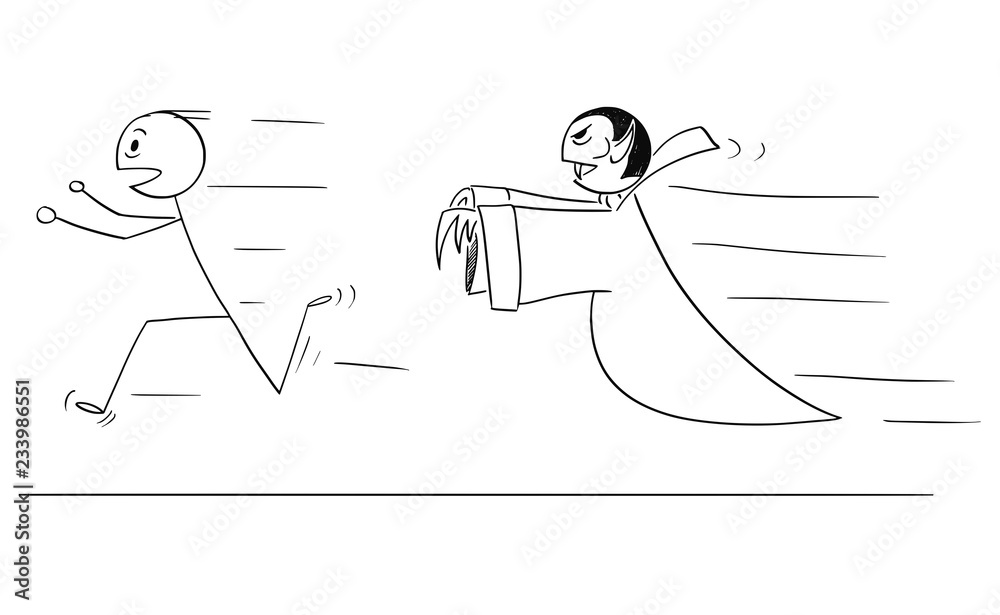 Poster Cartoon stick drawing conceptual illustration of scared man running away from vampire.