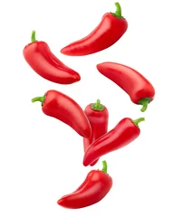 Papier Peint photo autocollant Piments forts Falling red hot chilli peppers on white background, isolated, high quality photo, clipping path