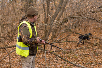 Hunter with a gun and a dog in the forest in late autumn, Hunting pheasant in a reflective vest