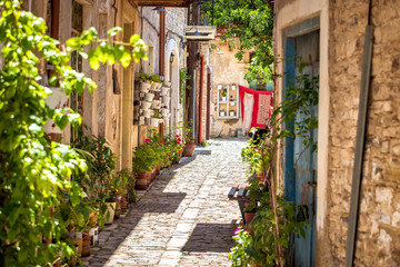 Fototapeta na wymiar A quiet street in an old village of Pano Lefkara. Larnaca District, Cyprus