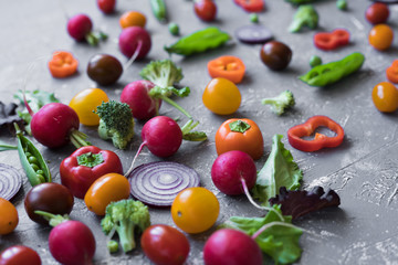 Fresh organic vegetables close up. Radish, green peas, broccoli, tomato and onion on grey background. 