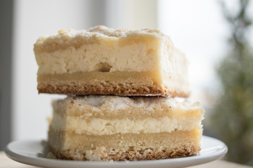 Two pieces of cheese cake