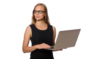 Woman with laptop isolated on white 