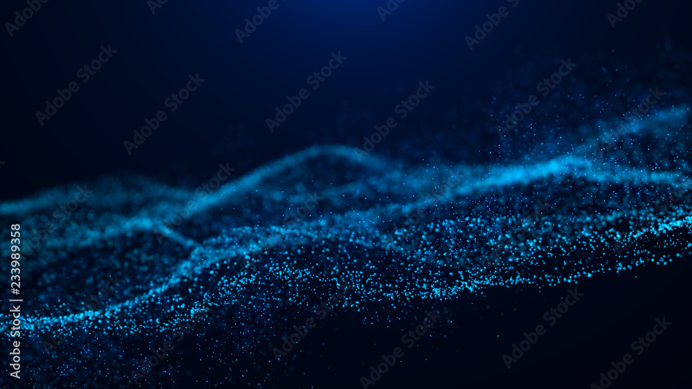 Poster Wave of particles. Abstract particle. Data visualization. Abstract digital background. 4k rendering.