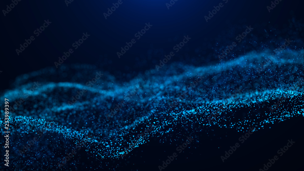 Poster Wave of particles. Abstract particle. Data visualization. Abstract digital background. 4k rendering.