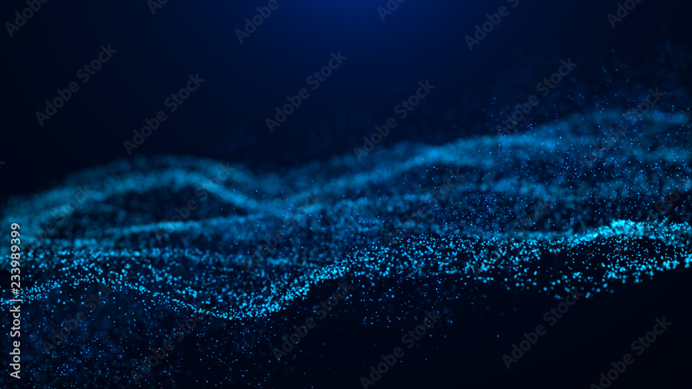 Poster Wave of particles. Abstract particle. Data visualization. Abstract digital background. 4k rendering.
