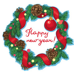 Frame for the new year, with fir branches, ribbon and cones