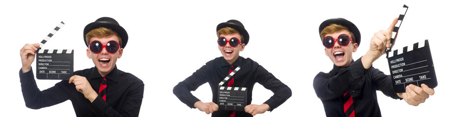 Positive boy with clapper board isolated on white