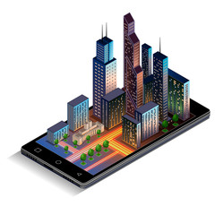 Smart city isometric illustration. Intelligent buildings, mobile phone, isolated.