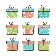 Set of hand drawn gift boxes. Vector illustration.