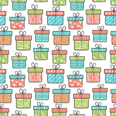 Seamless pattern with hand drawn gift boxes. Vector illustration.