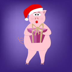 Beautiful pink pig girl holding a gift box in a hat Santa Claus