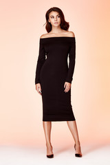 Beauty woman model wear stylish design trend clothing black skinny dress casual formal office style...