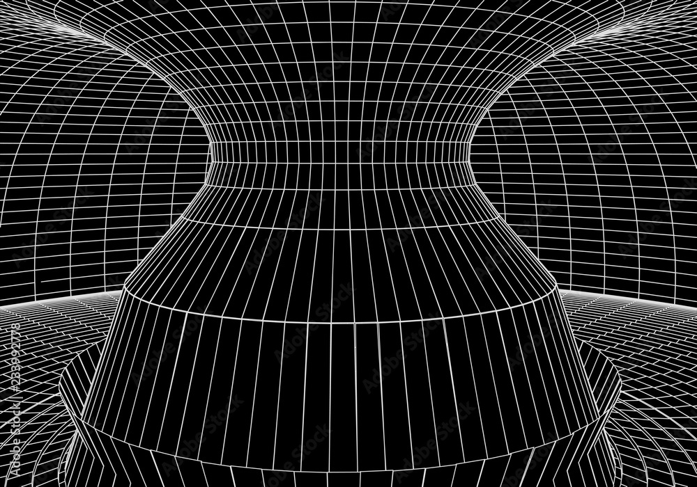 Poster tunnel or wormhole. digital 3d wireframe tunnel. 3d tunnel grid. network cyber technology. surrealis