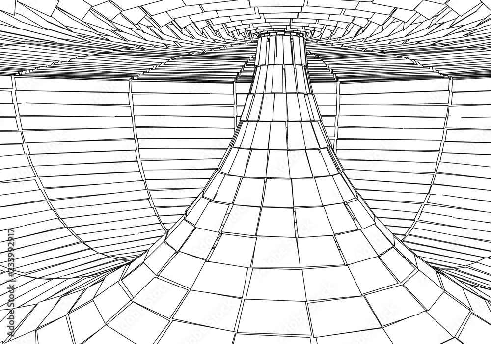 Poster tunnel or wormhole. digital 3d wireframe tunnel. 3d tunnel grid. network cyber technology. surrealis