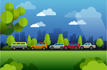 vector illustration, view of city traffic atmosphere with tree and building background.