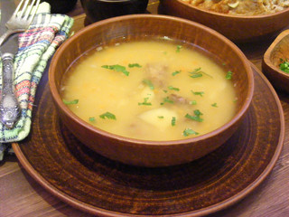 Healthy food. Traditional pea soup on wooden table