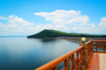 landscape reservoir river balcony viewpoint on blue sky and mountain background / bright day on hydroelectric dam at Ubolrat Khon Kaen thailand