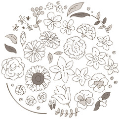 様々な花のイラストのセット（セピア）