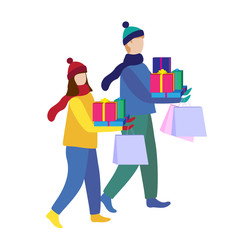 Happy christmas holiday. Winter people walking at city with shopping. Christmas presents.