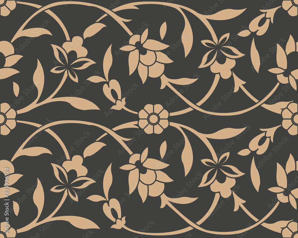 Wall mural vector damask seamless retro pattern background botanic garden spiral curve cross frame vine leaf fl